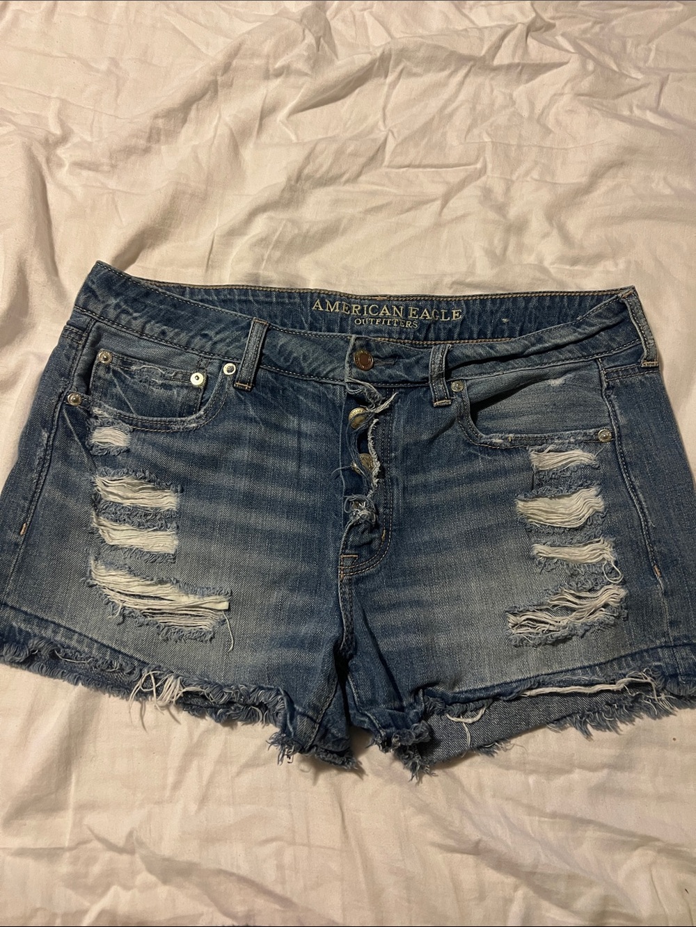 American Eagle Outfitters Ripped Blue Tomboy Midi Denim Shorts